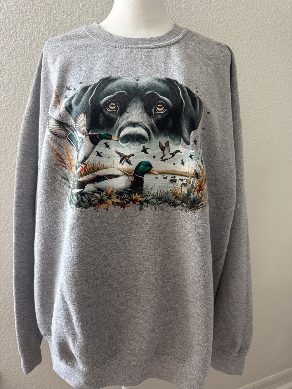 Gray Dog & Duck Print Crewneck Sweatshirt - Unbranded